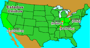 Cadiz:Este mapa señala la situación de los cuatro Cádiz existentes en EEUU en la actualidad
